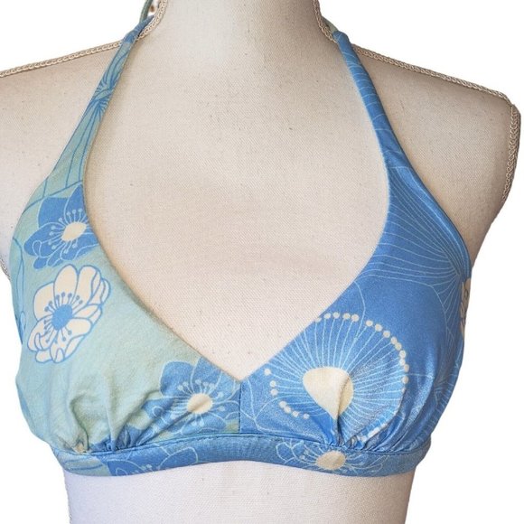 Vintage 60s 70s Pinup Retro Style Skirted Bikini Blue Halter Floral S/M READ - Picture 3 of 14